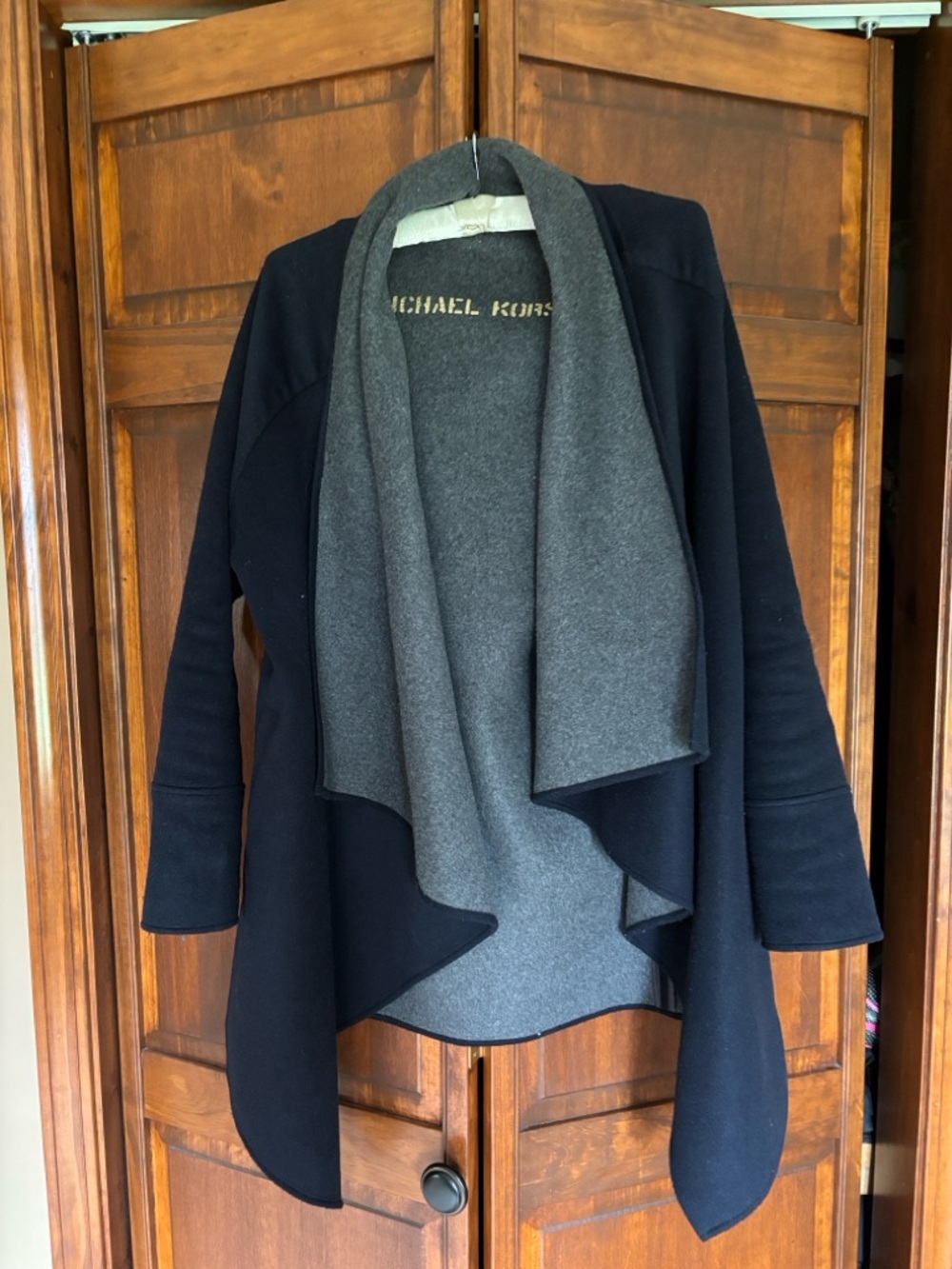 Michael Kors Navy Open-Front Cardigan with Gray Draped Lining